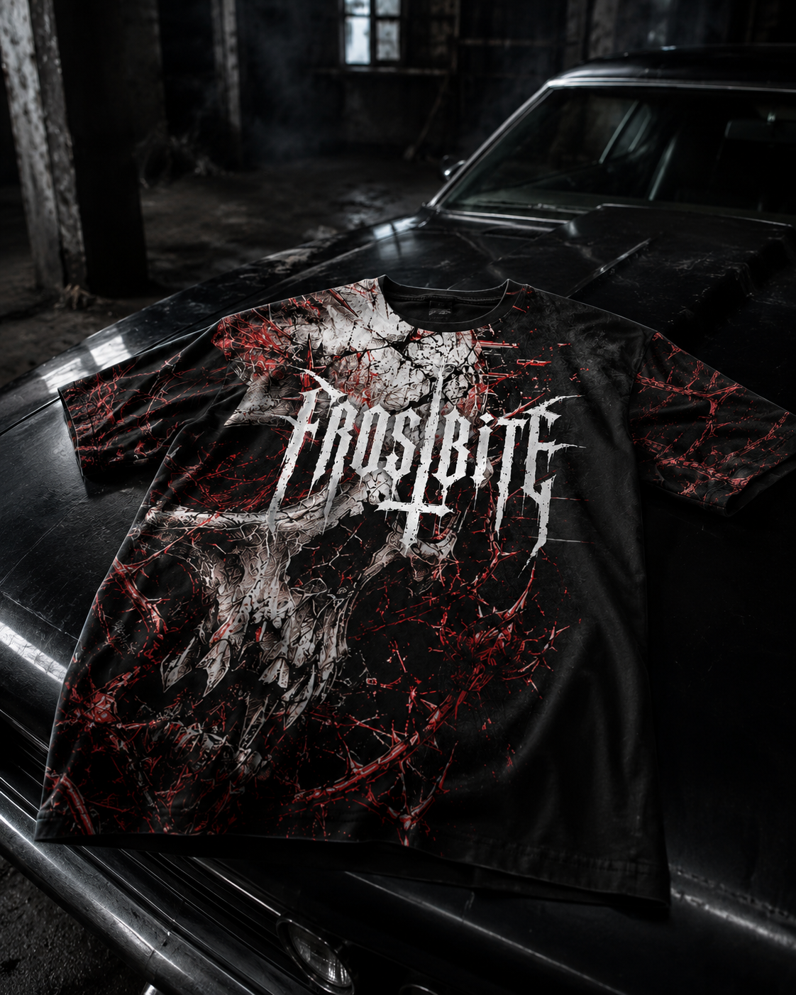 Cinematic detail shot of the Bone Fracture Shirt with a dark, raw Frostbite Apparel atmosphere.
