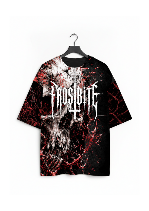 Front view of the black Bone Fracture Shirt by Frostbite Apparel with a dark fractured bone graphic design.