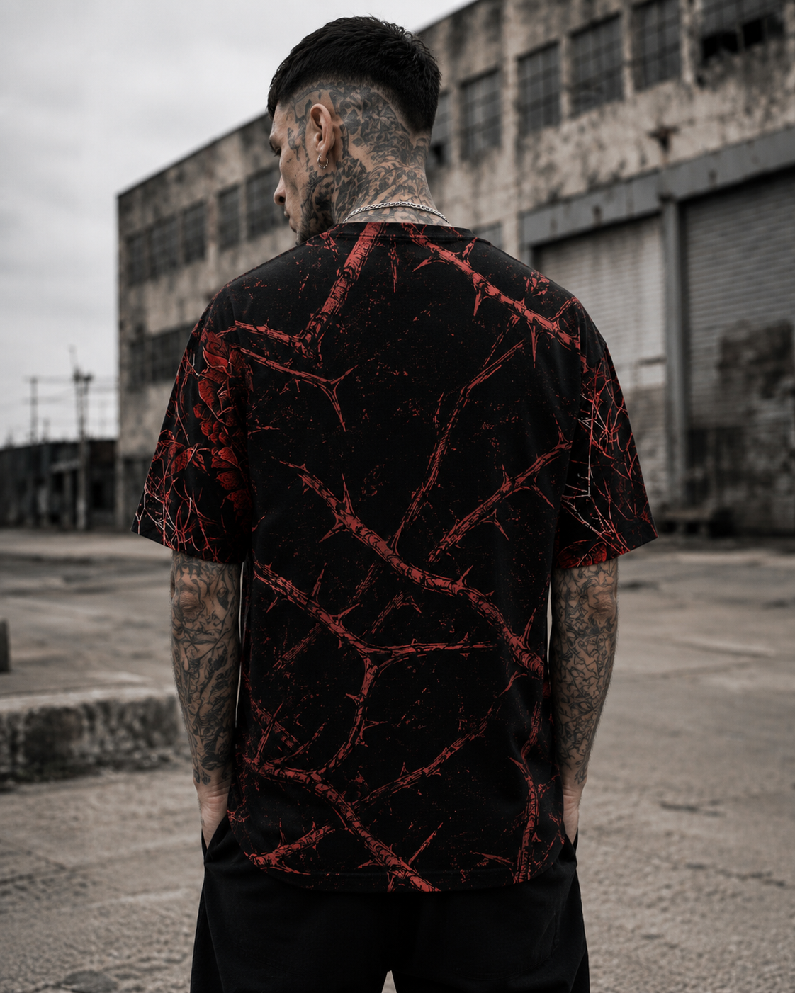 Model Dex wearing the black Bone Fracture Shirt by Frostbite Apparel from the back with a raw underground look.