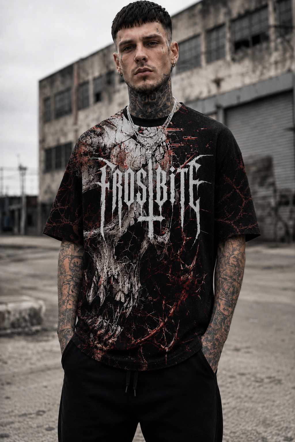 Model Dex wearing the black Bone Fracture Shirt by Frostbite Apparel from the front in a dark streetwear aesthetic.