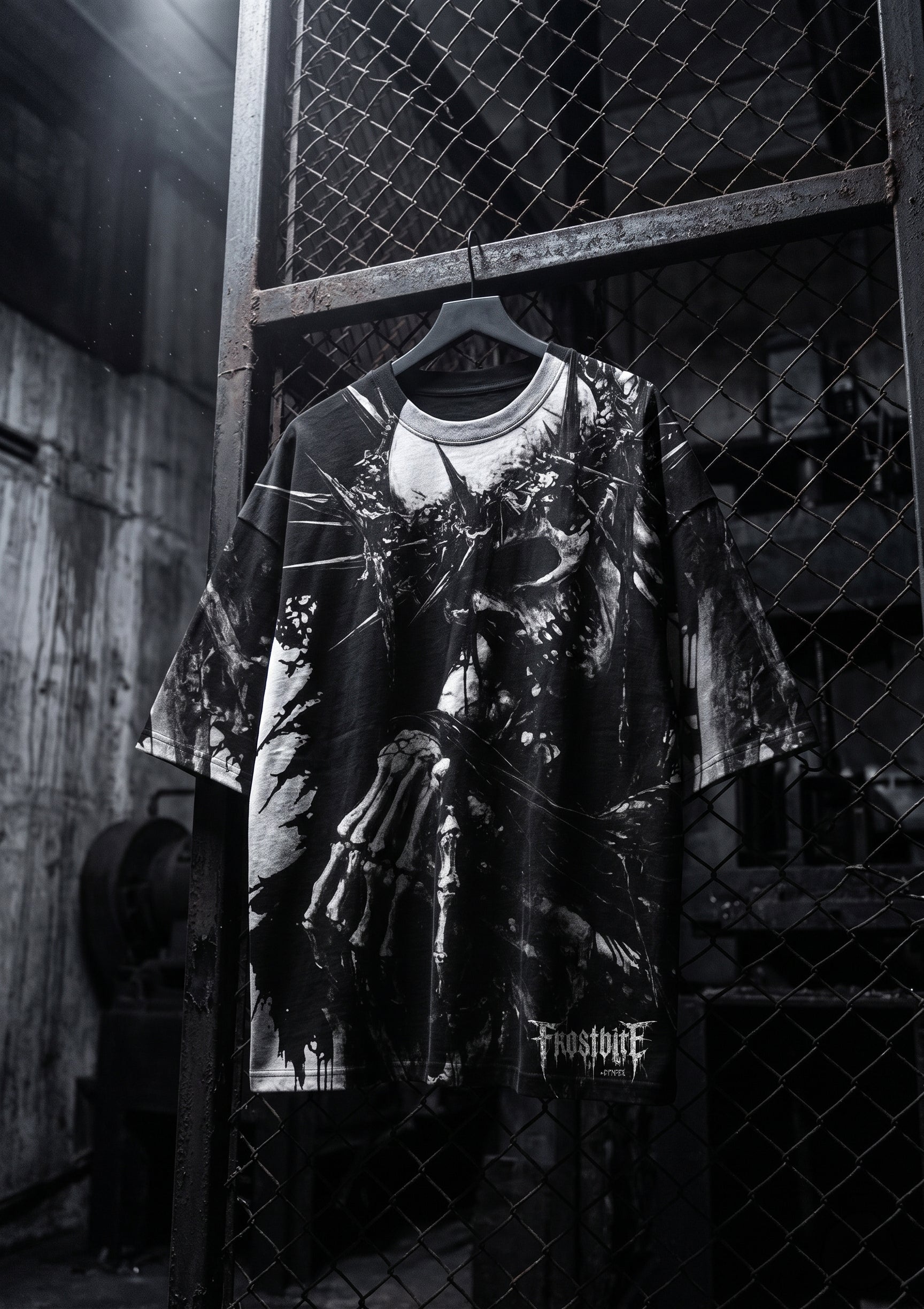 Cinematic shot of the CALL OF THE BLACK VOID Shirt with a cold, void-heavy Frostbite Apparel atmosphere.