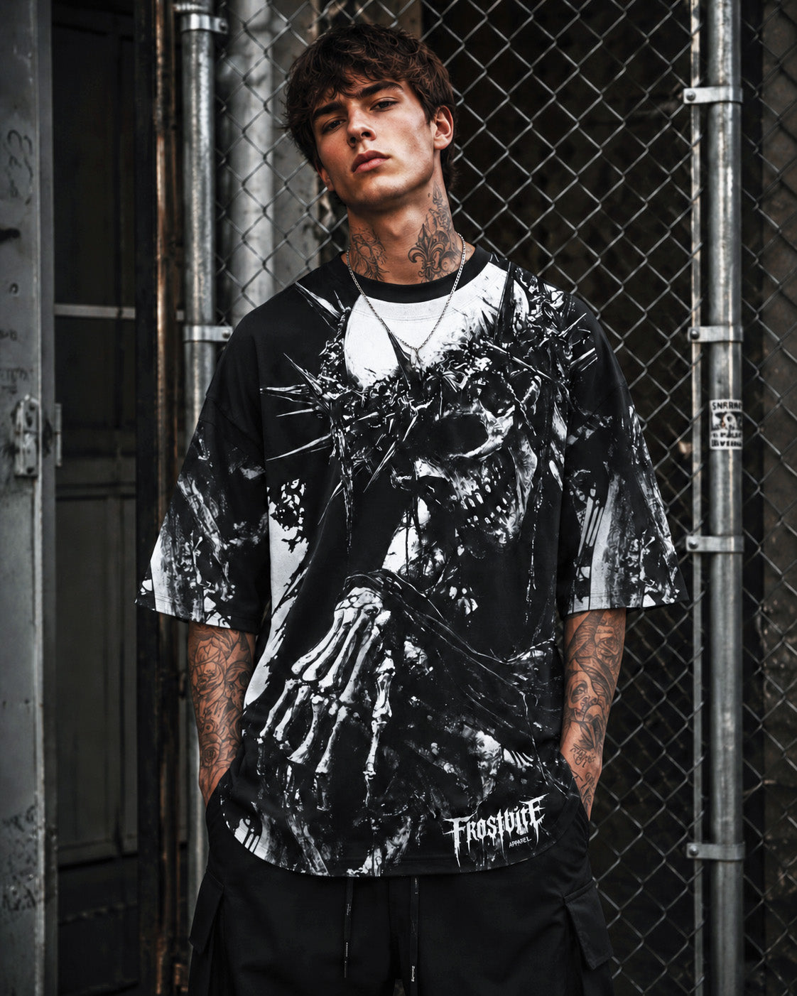 Model Alan wearing the black CALL OF THE BLACK VOID Shirt by Frostbite Apparel in a dark, underground streetwear aesthetic.