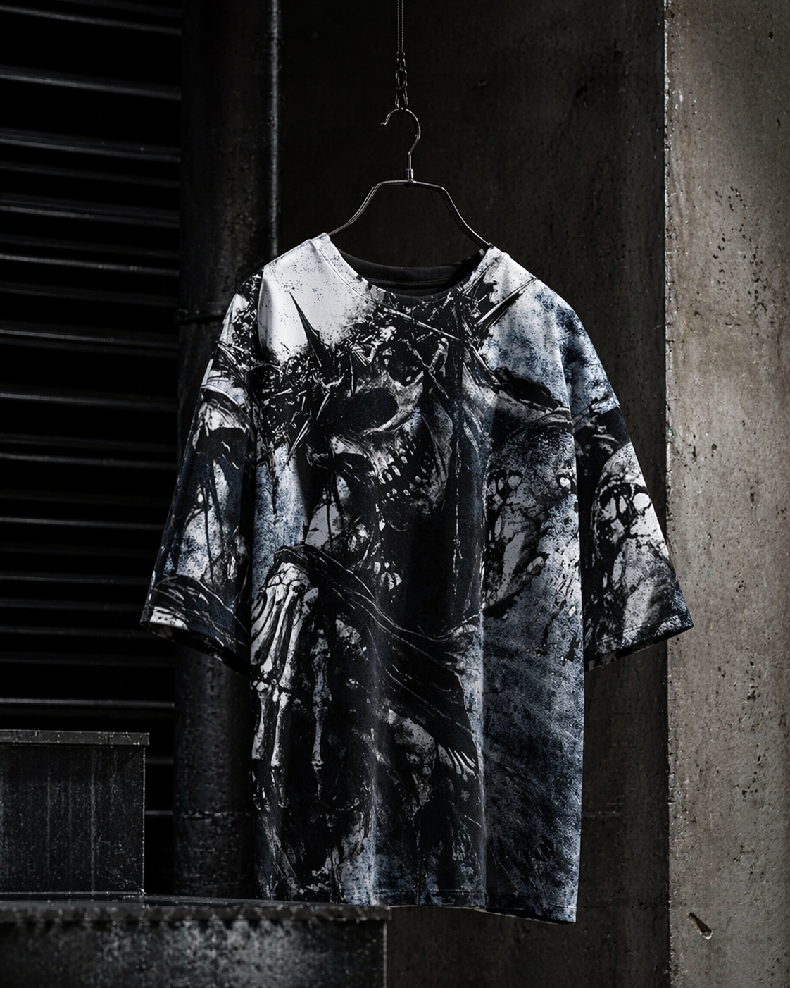 Cinematic detail shot of the Call of the Void Shirt with a cold, smoky Frostbite Apparel atmosphere.