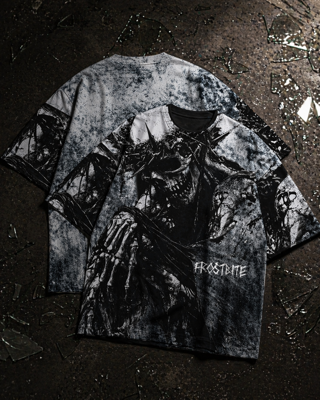 Front- and backview the oversized Call of the Void Shirt with a dark, aggressive Frostbite Apparel aesthetic.