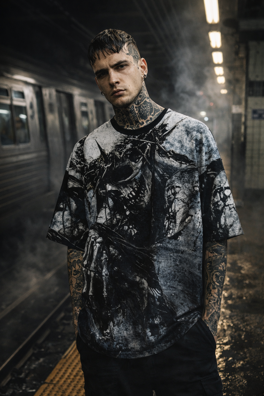 Model Alex wearing the oversized Call of the Void Shirt by Frostbite Apparel in a dark underground streetwear setting.