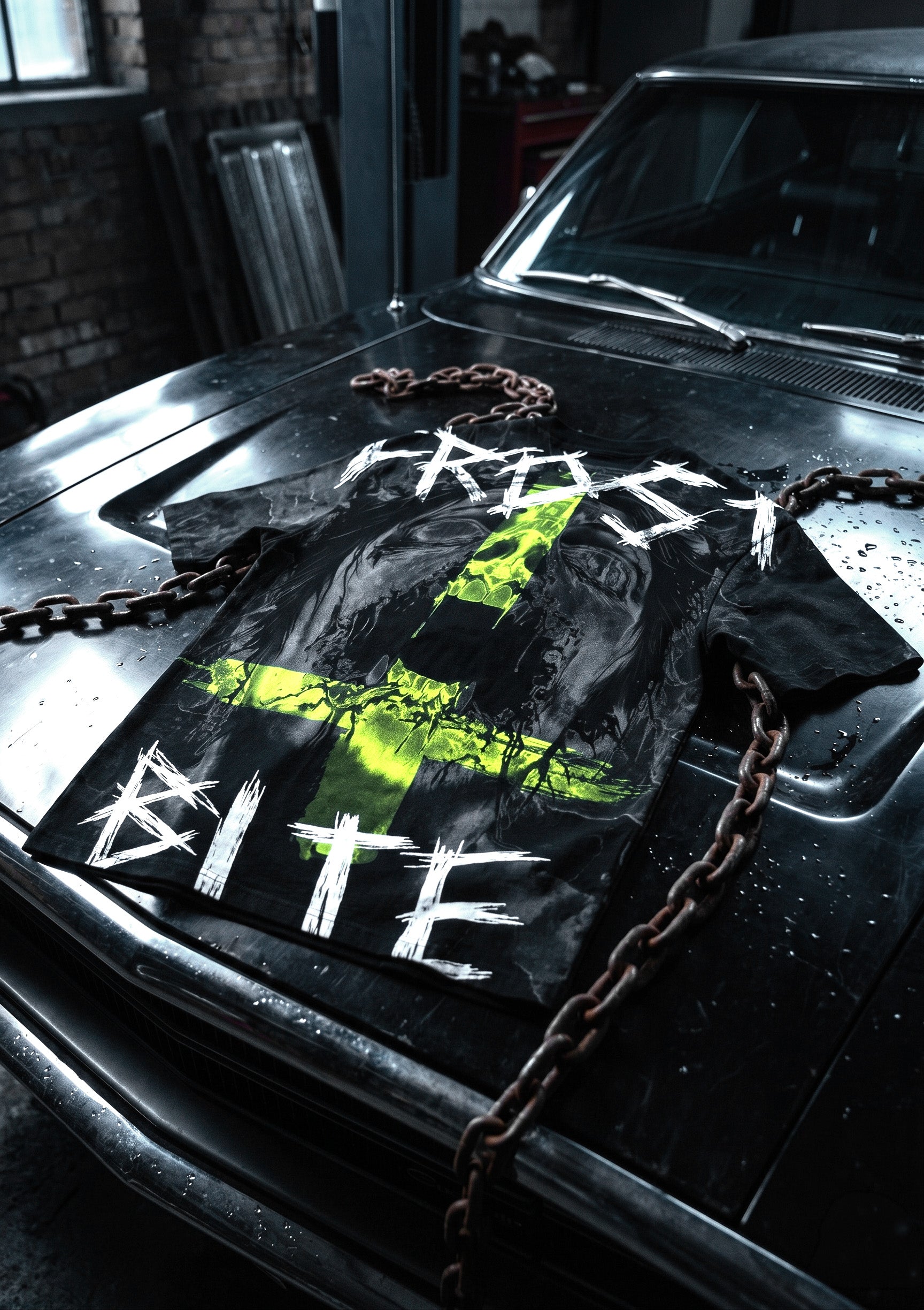 Cinematic detail shot of the DESECRATED FLESH Shirt with a dark, raw Frostbite Apparel atmosphere.
