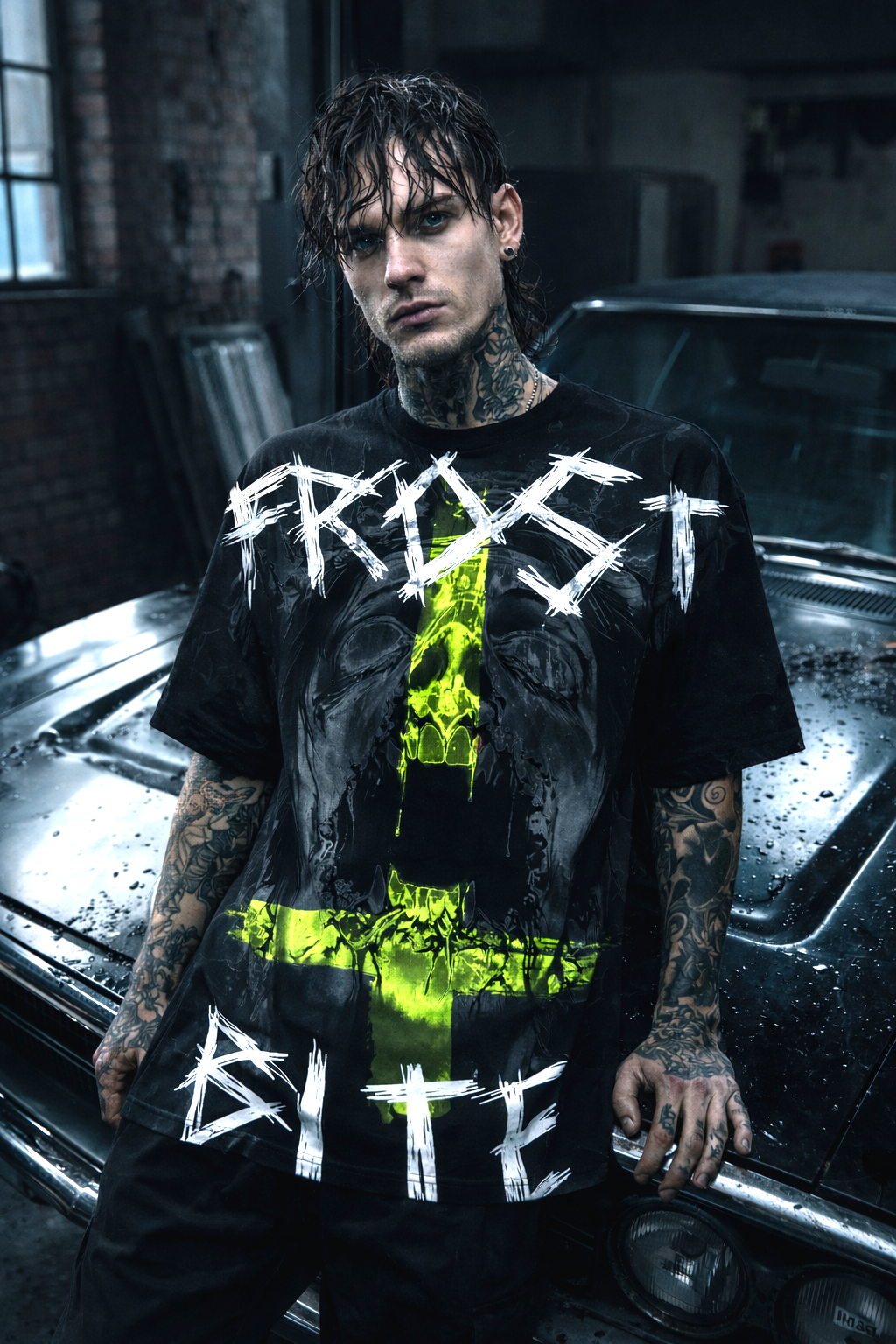 Model Alan wearing the black DESECRATED FLESH Shirt by Frostbite Apparel in a dark streetwear aesthetic.