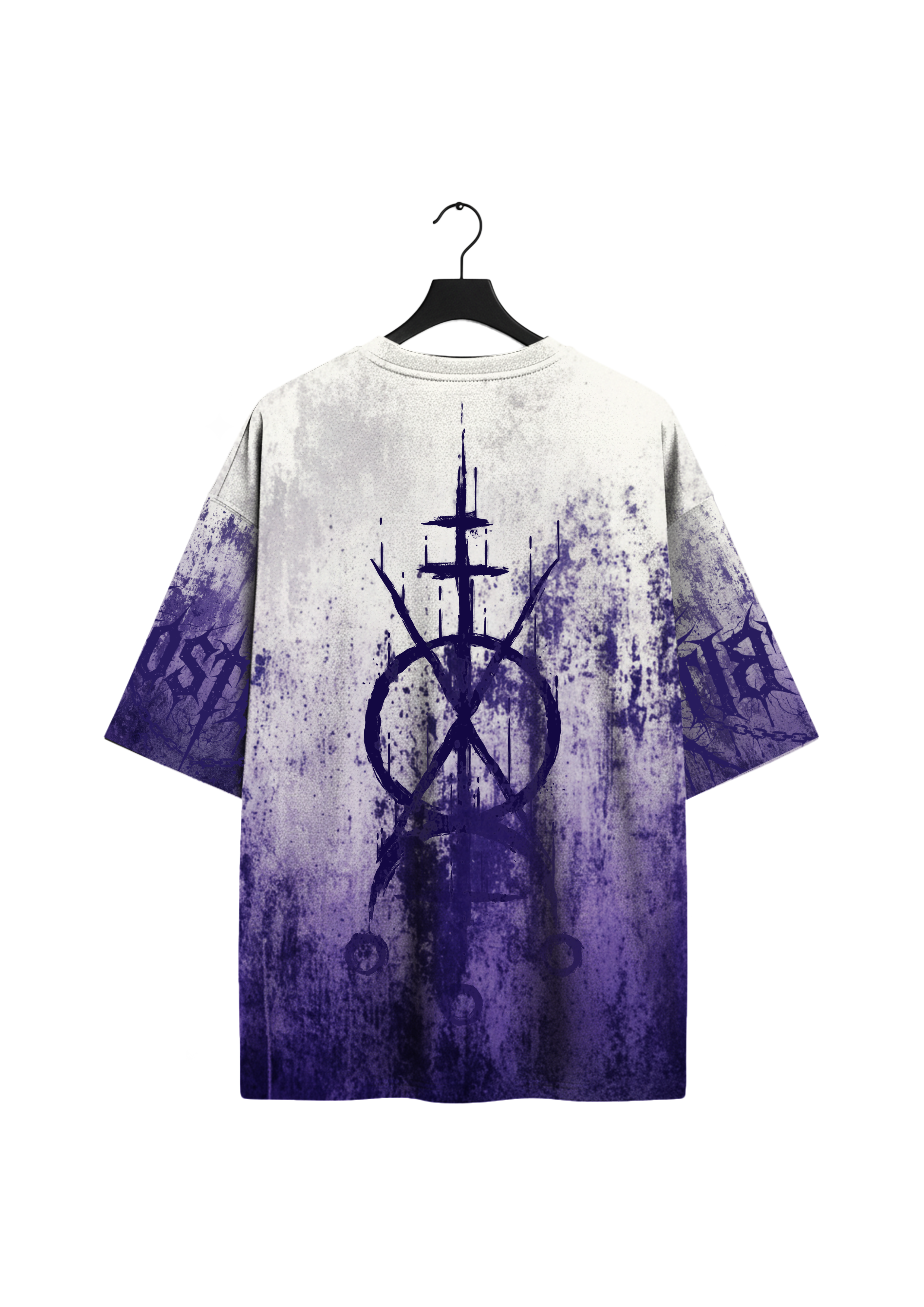 Back view of the white/purple Dominion Shirt by Frostbite Apparel with a raw, aggressive graphic.