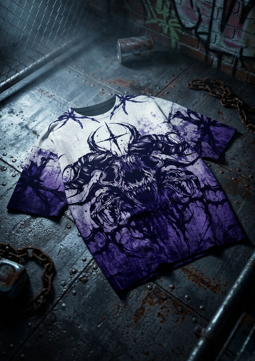 Cinematic detail shot of the Dominion Shirt with a dark, raw Frostbite Apparel atmosphere.