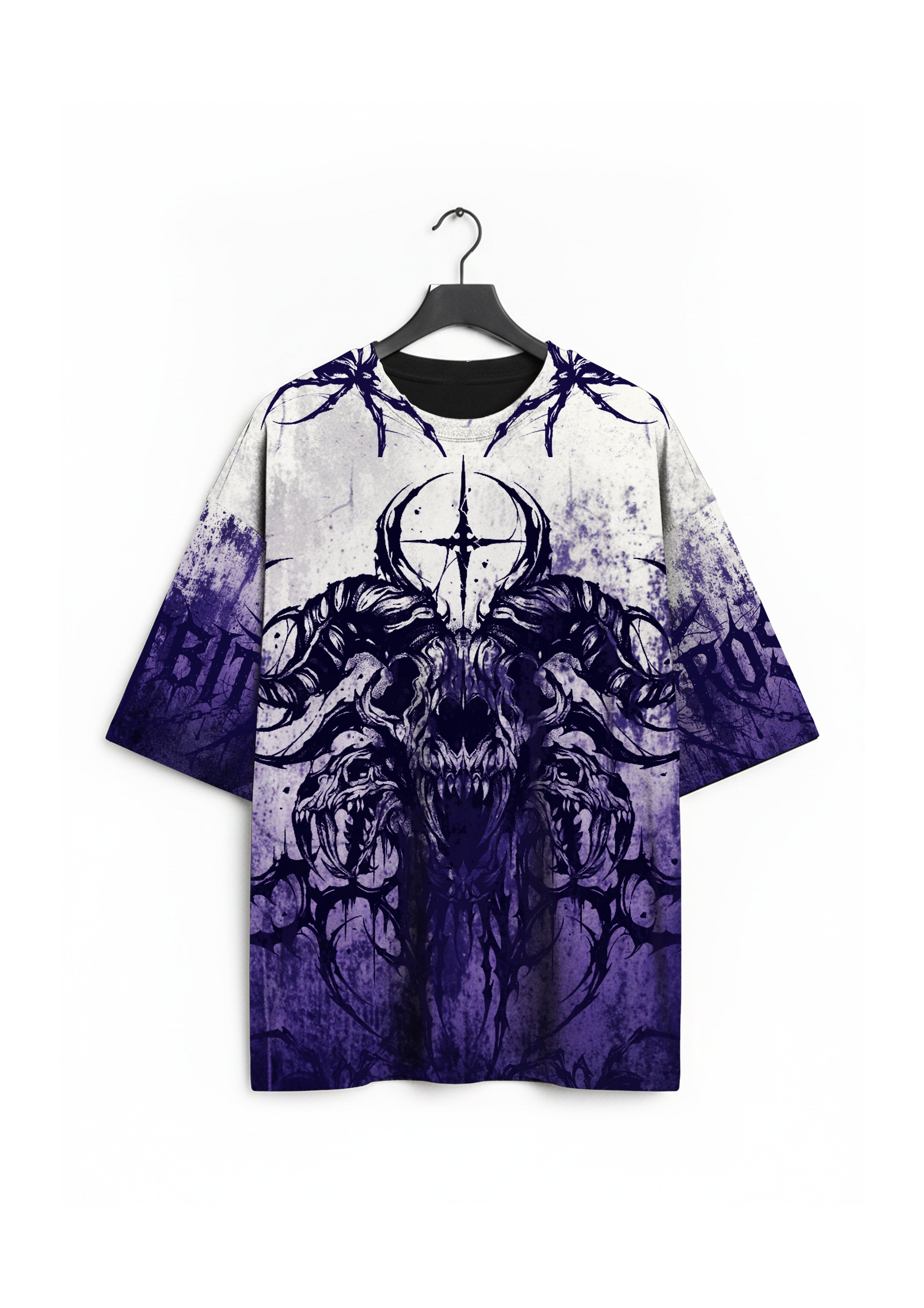 Front view of the white/purple Dominion Shirt by Frostbite Apparel with a dark graphic design.