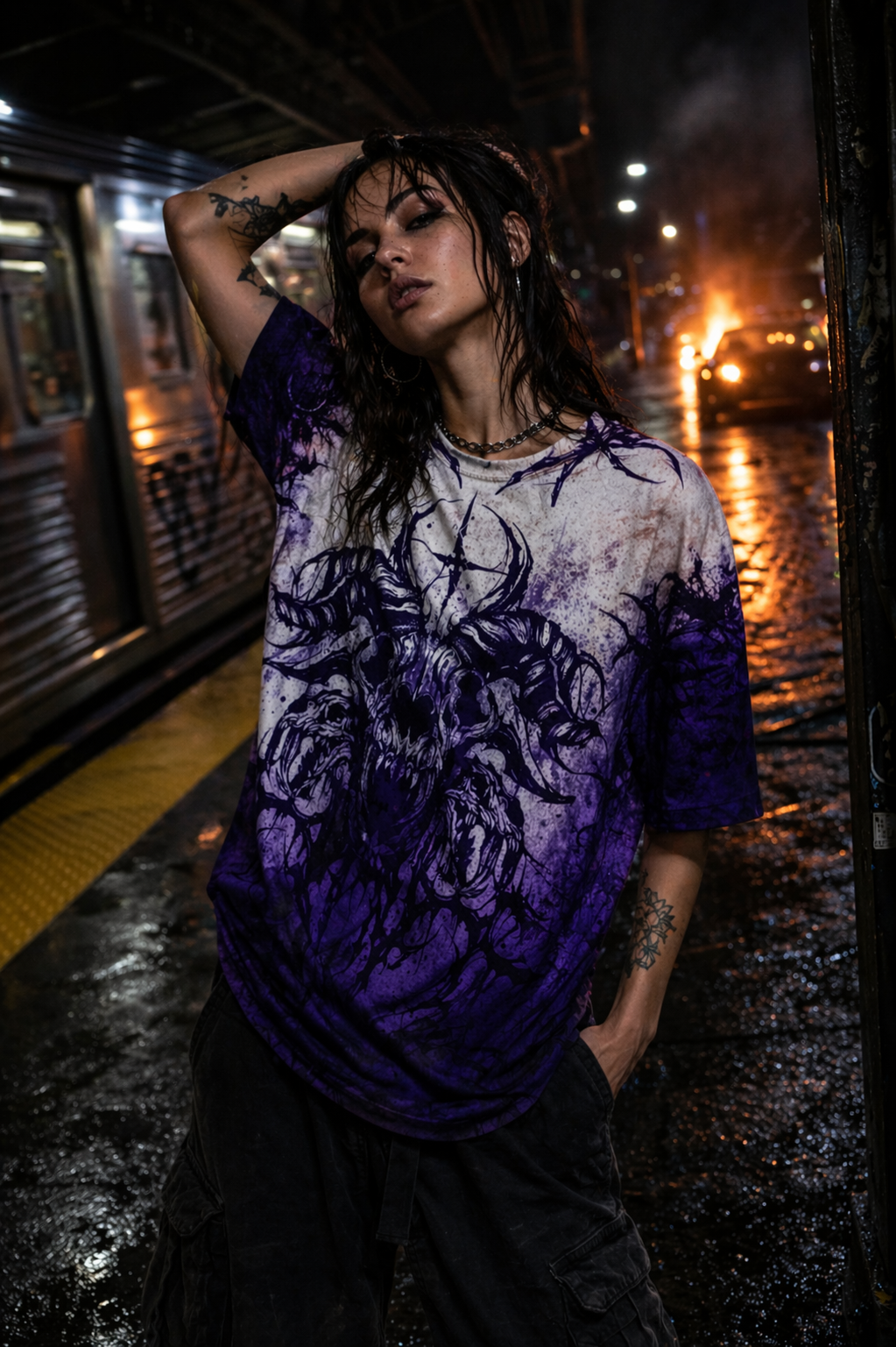 Model Ava wearing the white/purple Dominion Shirt by Frostbite Apparel in a dark streetwear aesthetic.