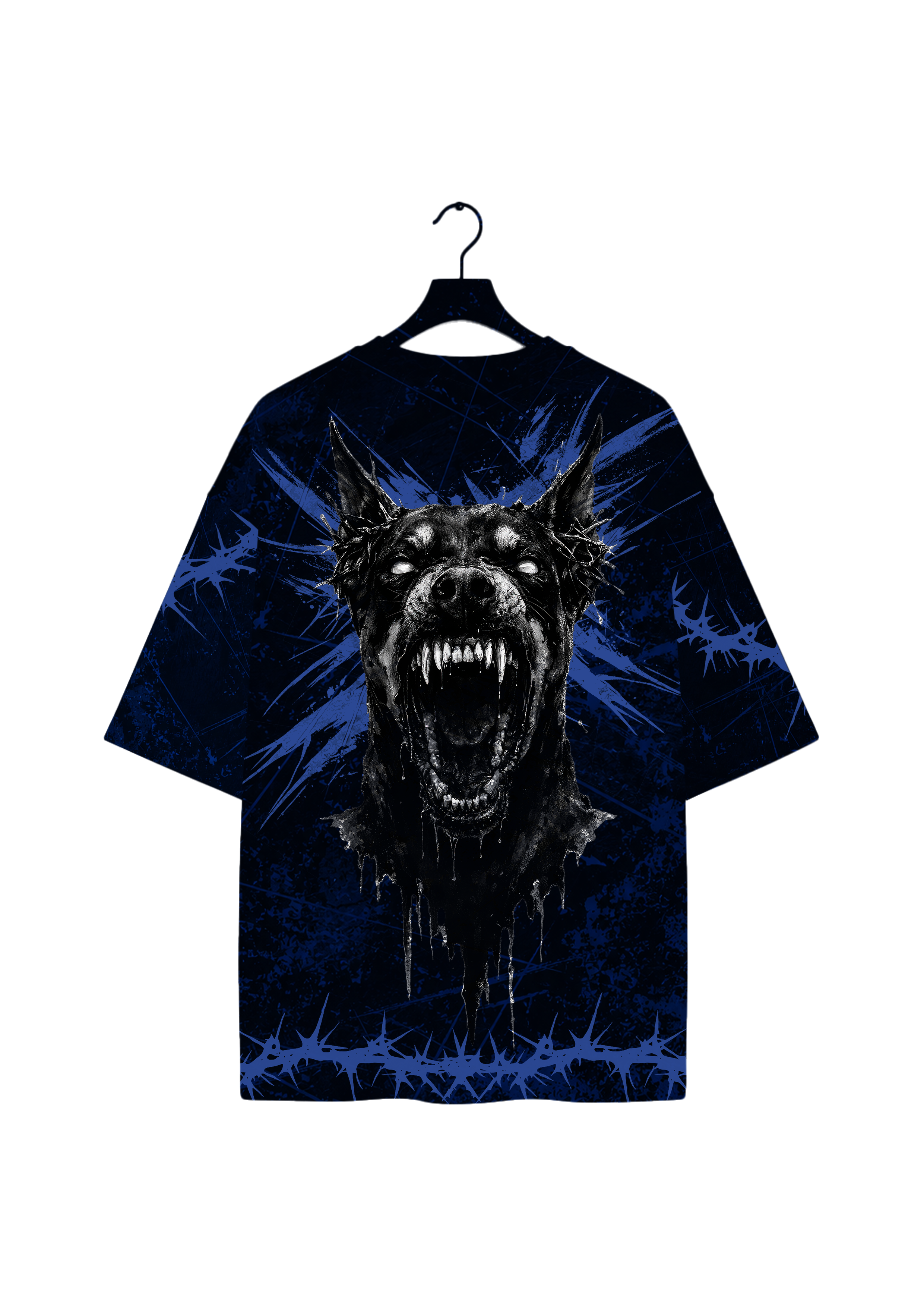 Back view of the black and deep blue FROSTBITE HOUND Shirt by Frostbite Apparel featuring a snarling dog graphic with raw, aggressive energy.