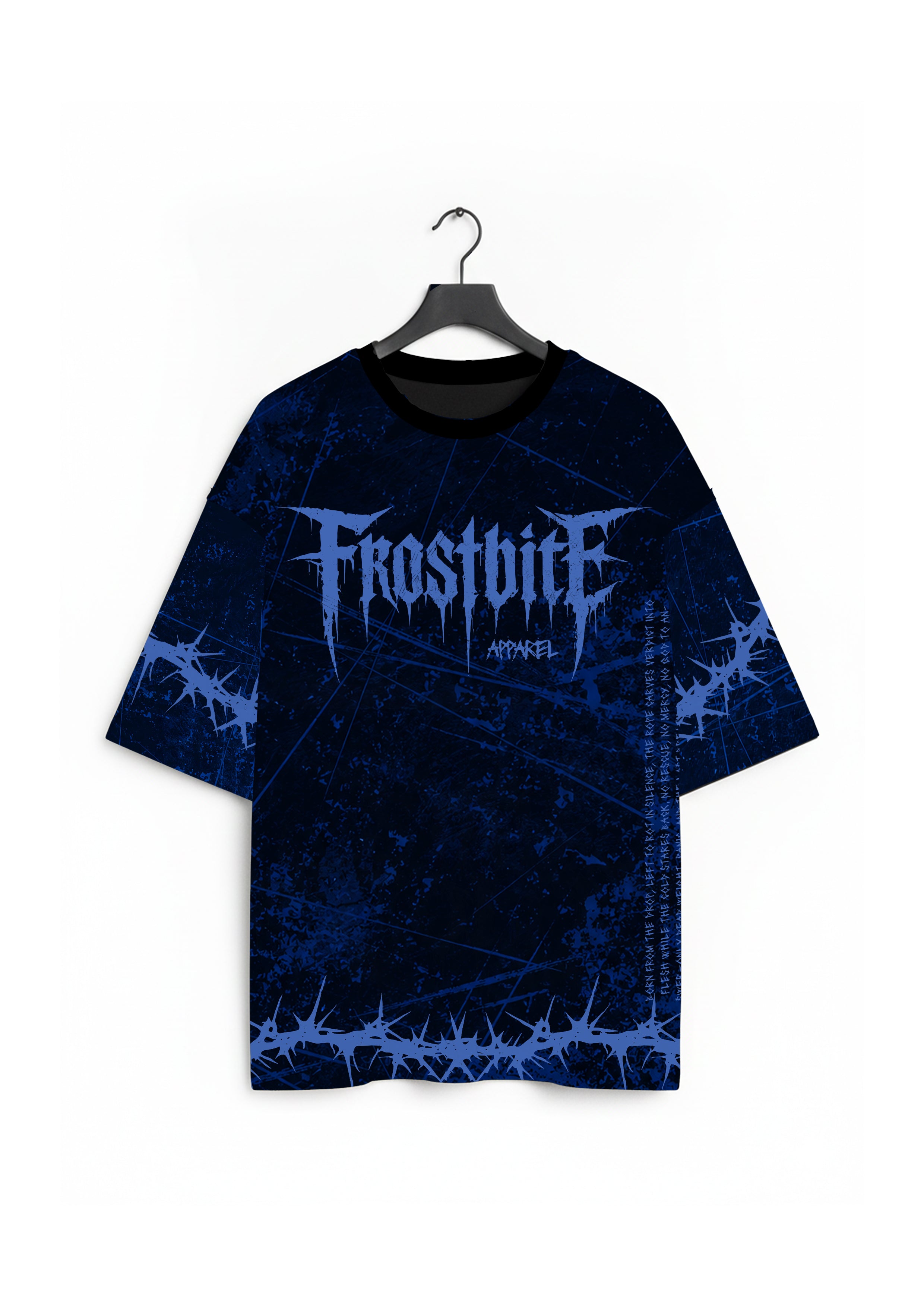 Front view of the black and deep blue FROSTBITE HOUND Shirt by Frostbite Apparel with a dark scratched graphic design.