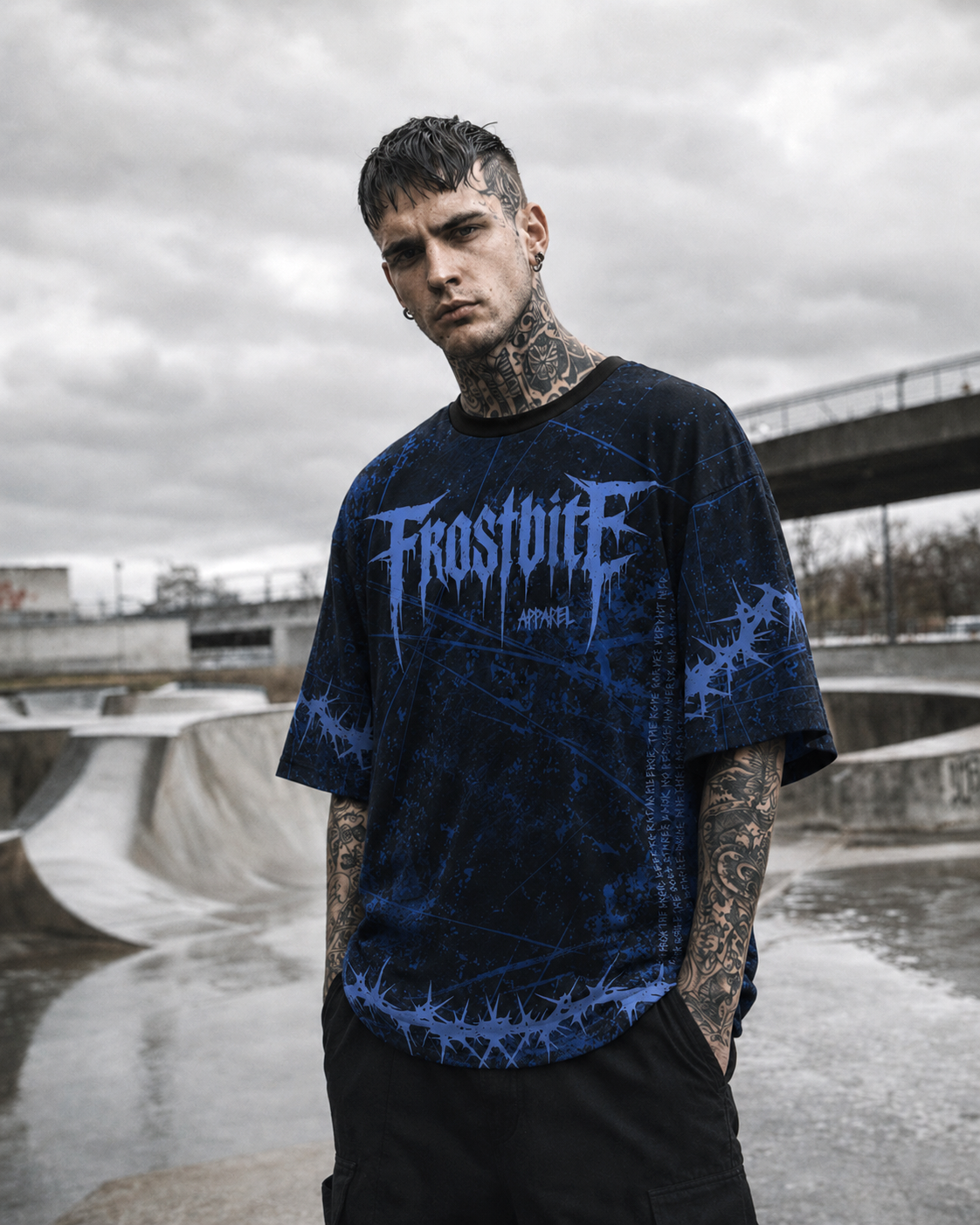 Model Jason wearing the black and deep blue FROSTBITE HOUND Shirt by Frostbite Apparel in a dark streetwear aesthetic.