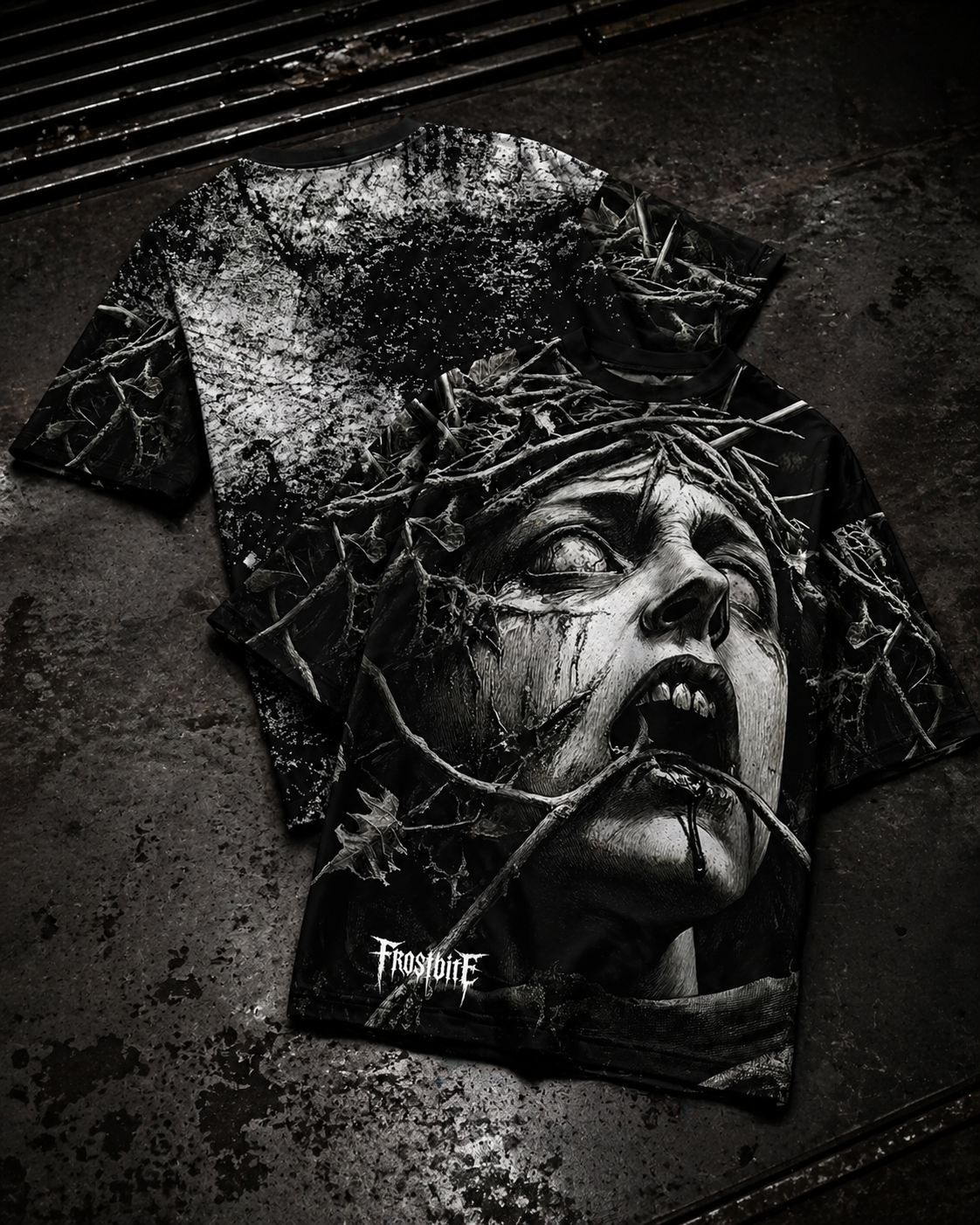 Cinematic detail shot of the NIHILIST Shirt with a cold, raw Frostbite Apparel atmosphere.