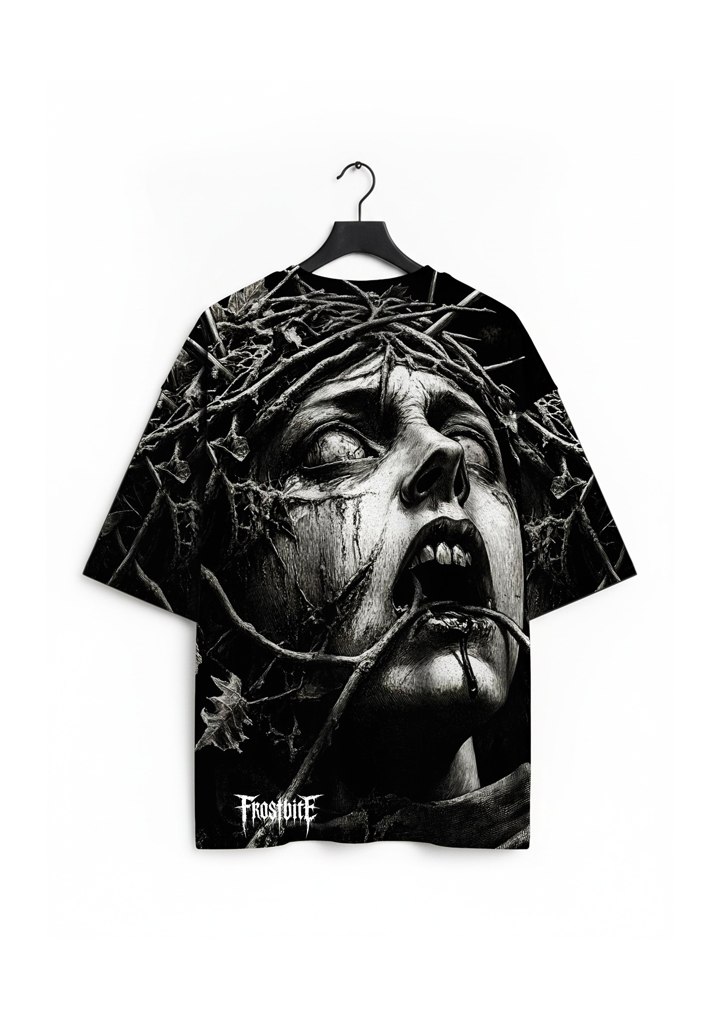Front view of the black NIHILIST Shirt by Frostbite Apparel with a dark, aggressive graphic design.