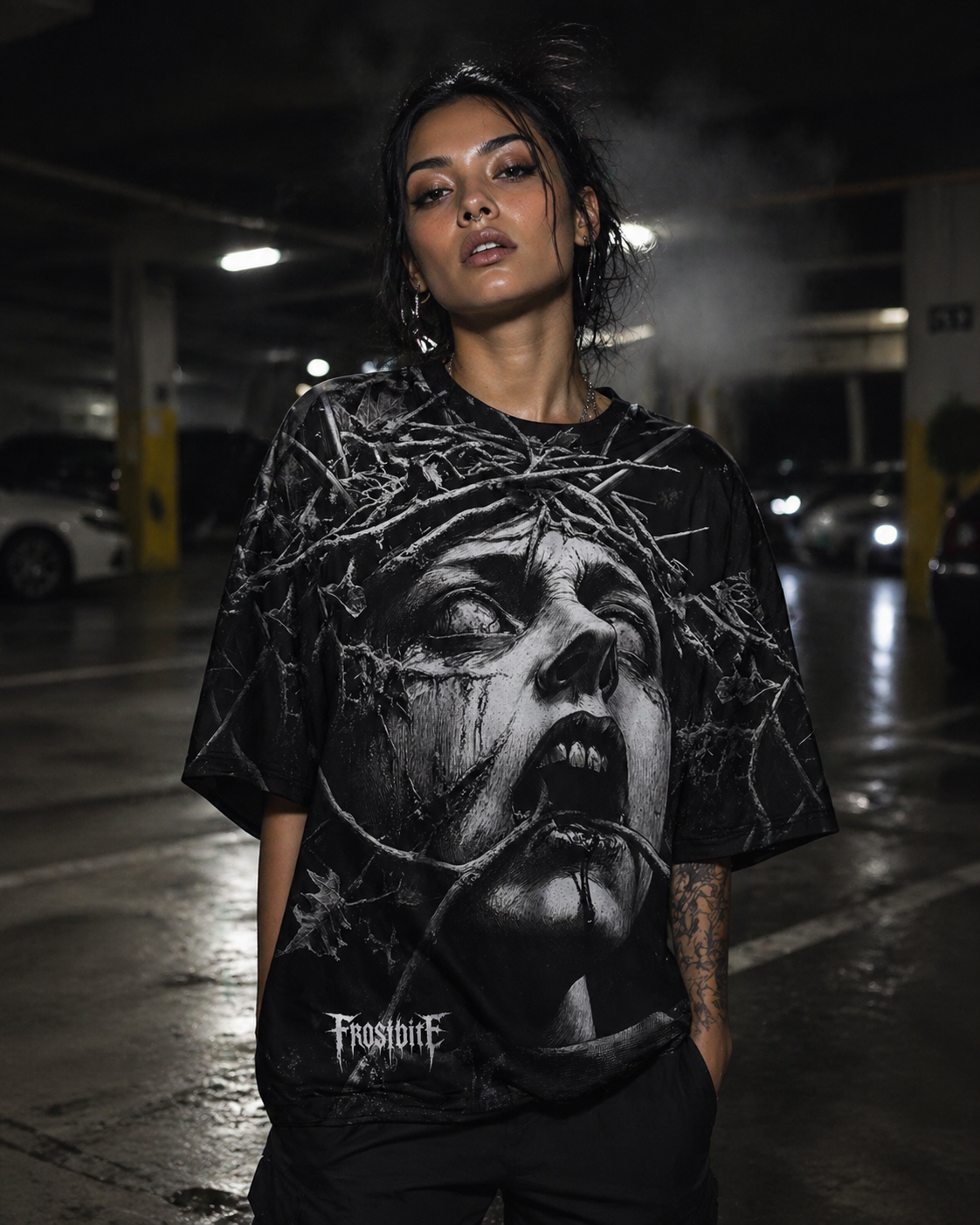 Model Rebecca wearing the black NIHILIST Shirt by Frostbite Apparel in a dark underground streetwear aesthetic 