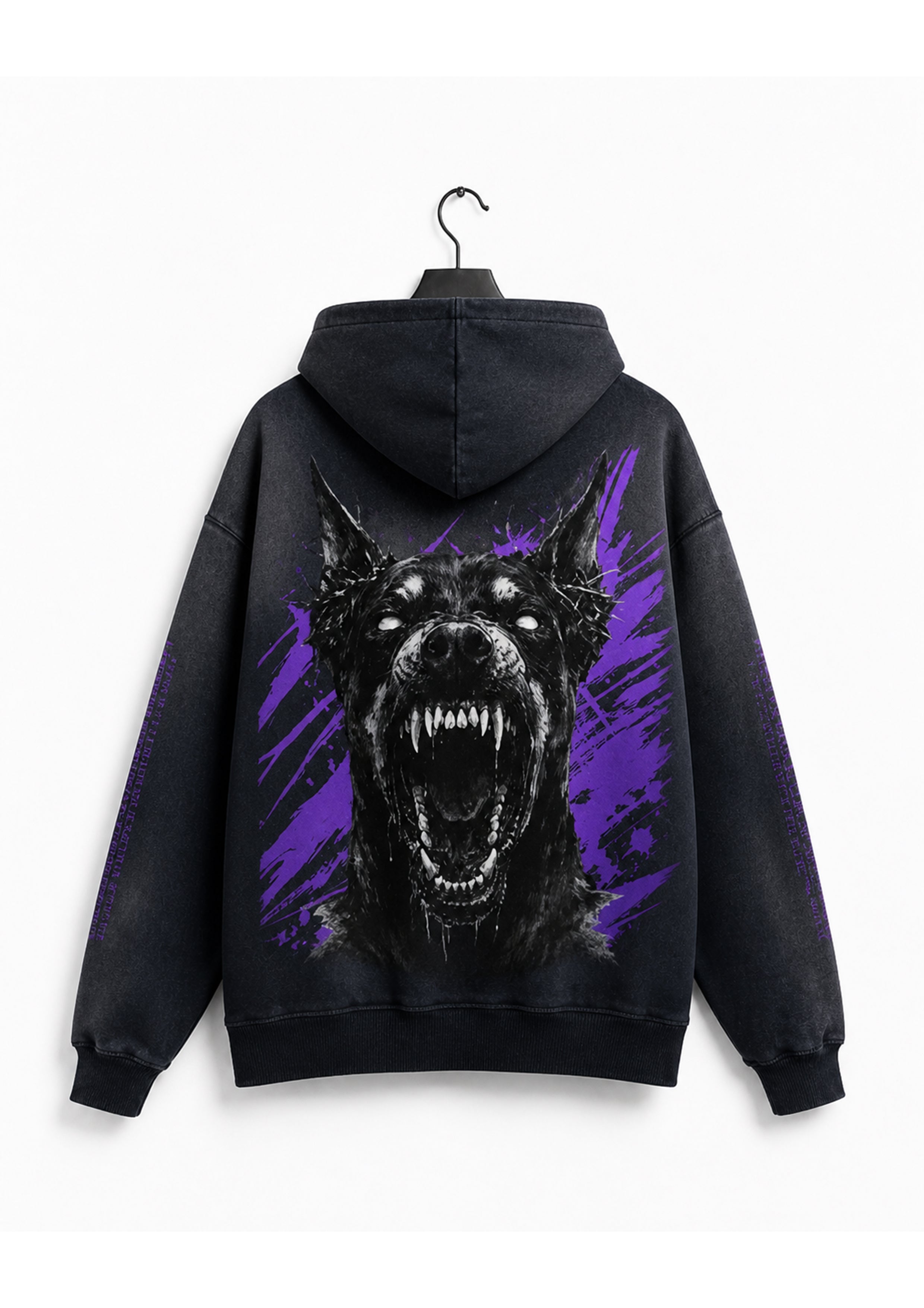 Back view of the black Rotten Disease Hoodie by Frostbite Apparel featuring a brutal snarling dog graphic with purple splatter detail.