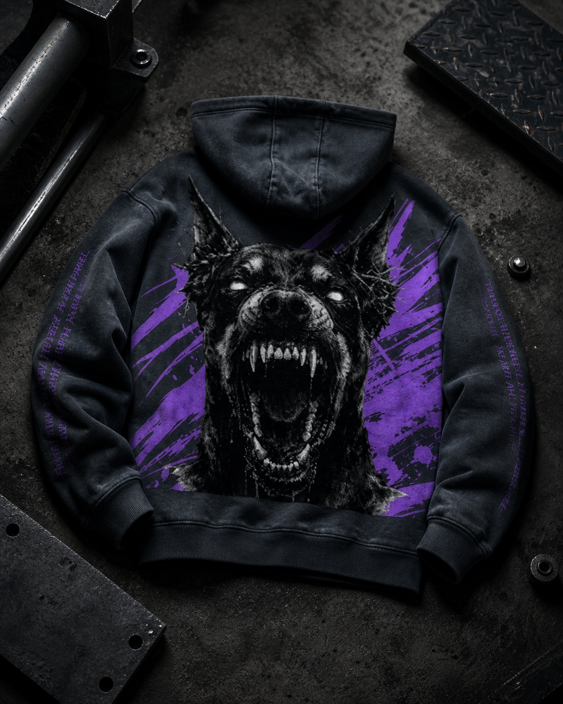 Cinematic detail shot of the Rotten Disease Hoodie with a raw purple graphic, black washed fabric, and cold Frostbite Apparel atmosphere.