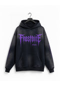 Front view of the black Rotten Disease Hoodie by Frostbite Apparel with a purple distressed logo print and raw dark streetwear finish.