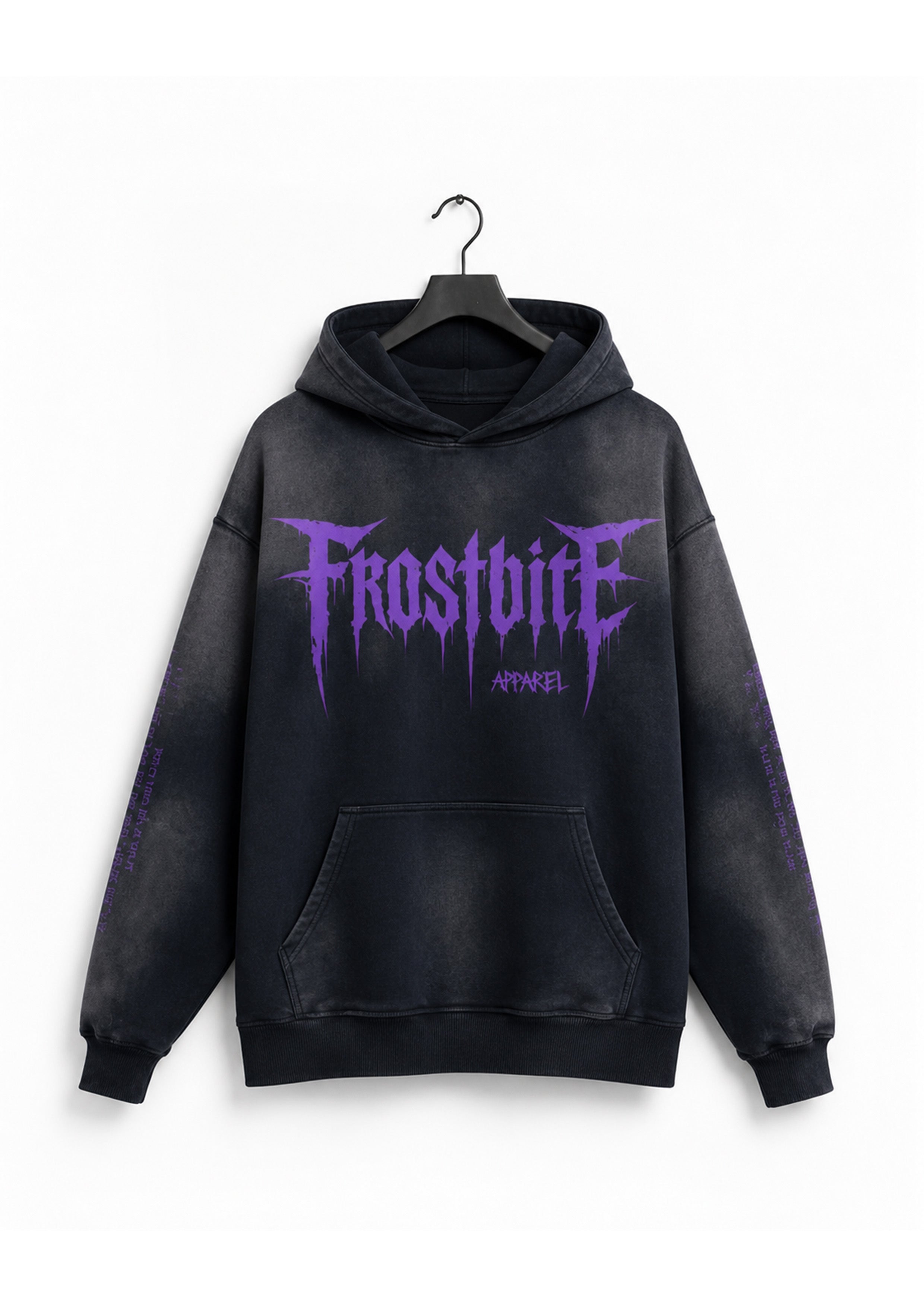 Front view of the black Rotten Disease Hoodie by Frostbite Apparel with a purple distressed logo print and raw dark streetwear finish.