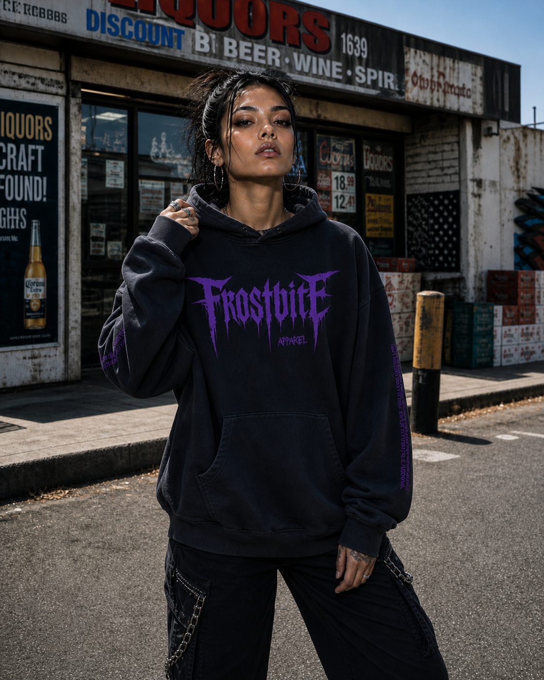 Model Rebecca wearing the black Rotten Disease Hoodie by Frostbite Apparel in a dark, aggressive streetwear aesthetic.