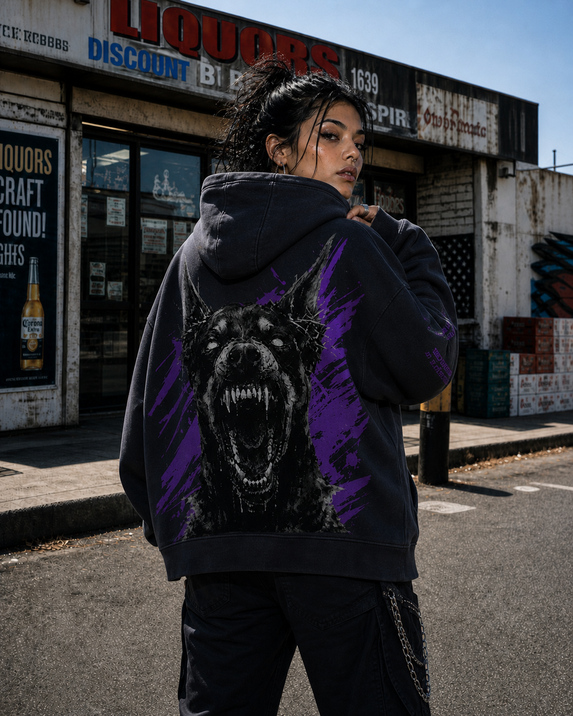 Model Rebecca wearing the black Rotten Disease Hoodie by Frostbite Apparel in a dark, aggressive streetwear aesthetic backside.