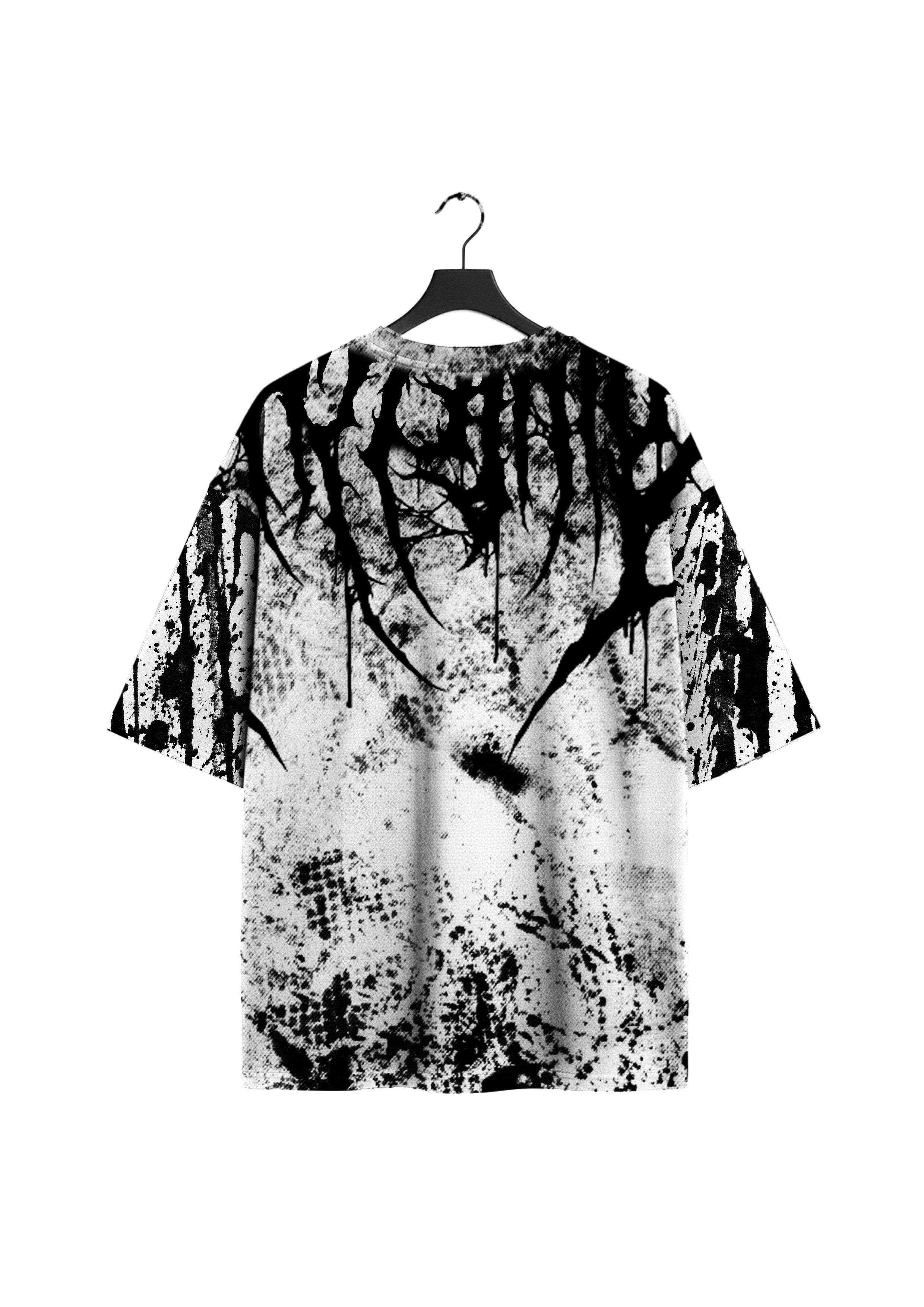 Back view of the black blood Shirt by Frostbite Apparel with a raw, dripping black blood graphic across a white base.