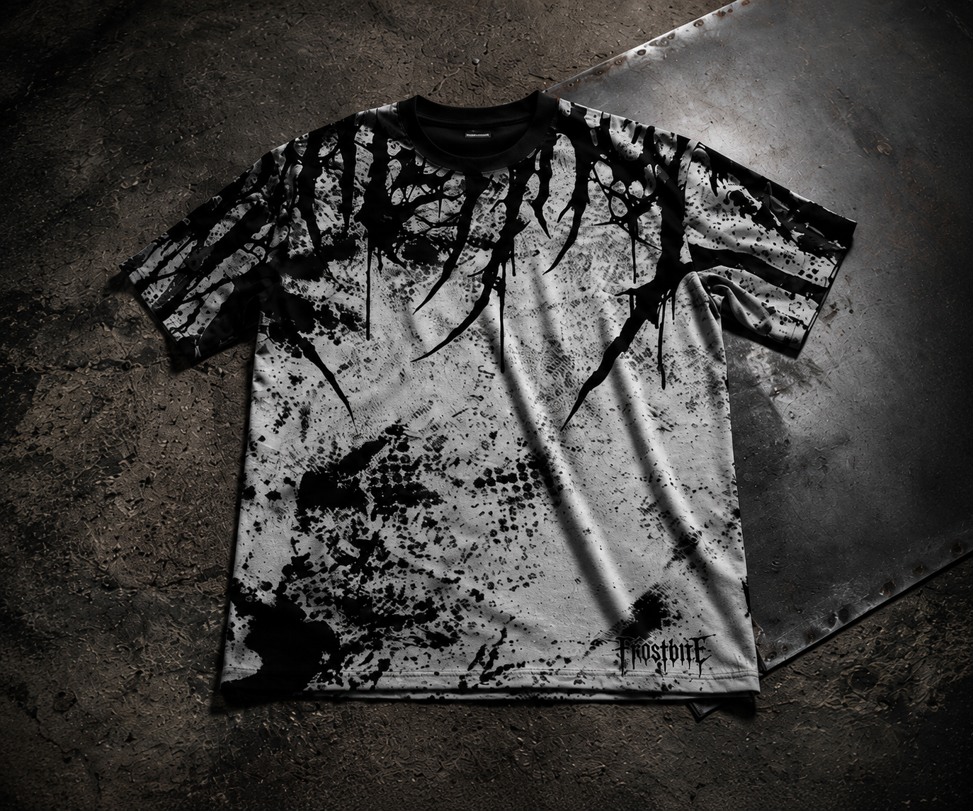 Cinematic detail shot of the black blood Shirt with a harsh, raw Frostbite Apparel atmosphere and dripping black texture.