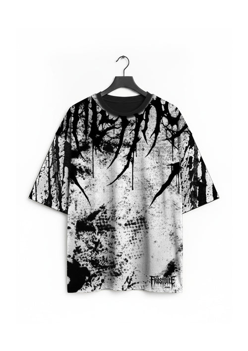 Front view of the black blood Shirt by Frostbite Apparel with a dark black-and-white blood-like graphic design.