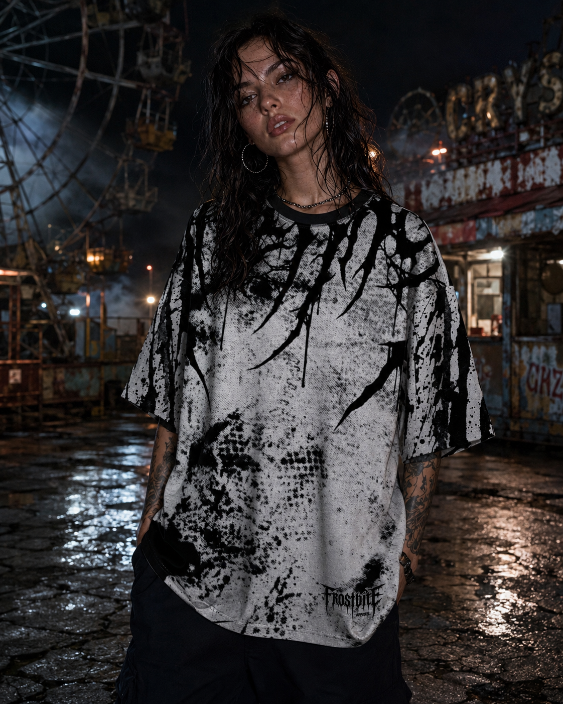Model Ava wearing the black blood Shirt by Frostbite Apparel from the front in a dark alternative streetwear aesthetic.