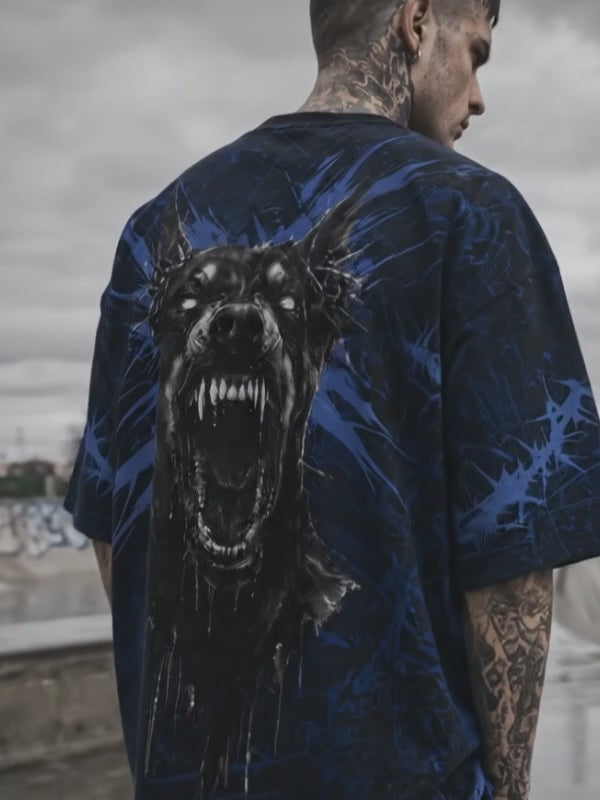 Video of model Jason wearing the black and deep blue FROSTBITE HOUND Shirt with a dark, aggressive Frostbite Apparel aesthetic.