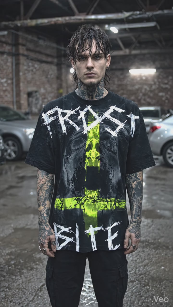 Video of model Alan wearing the black DESECRATED FLESH Shirt with a dark, aggressive Frostbite Apparel aesthetic.